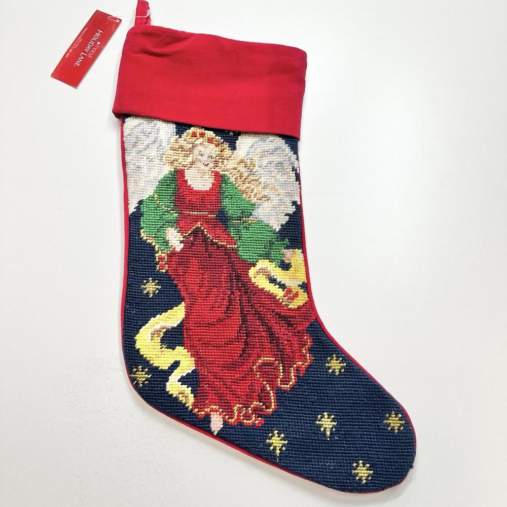 Macys Holiday Lane Christmas Wool Needlepoint Velvet Holiday Stocking Angel Red